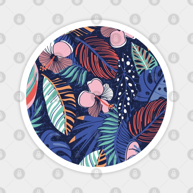 Moody tropical night // pattern // oxford blue background spearmint papaya orange denim and electric blue leaves coral cotton candy pink and dry rose hibiscus flowers Magnet by SelmaCardoso